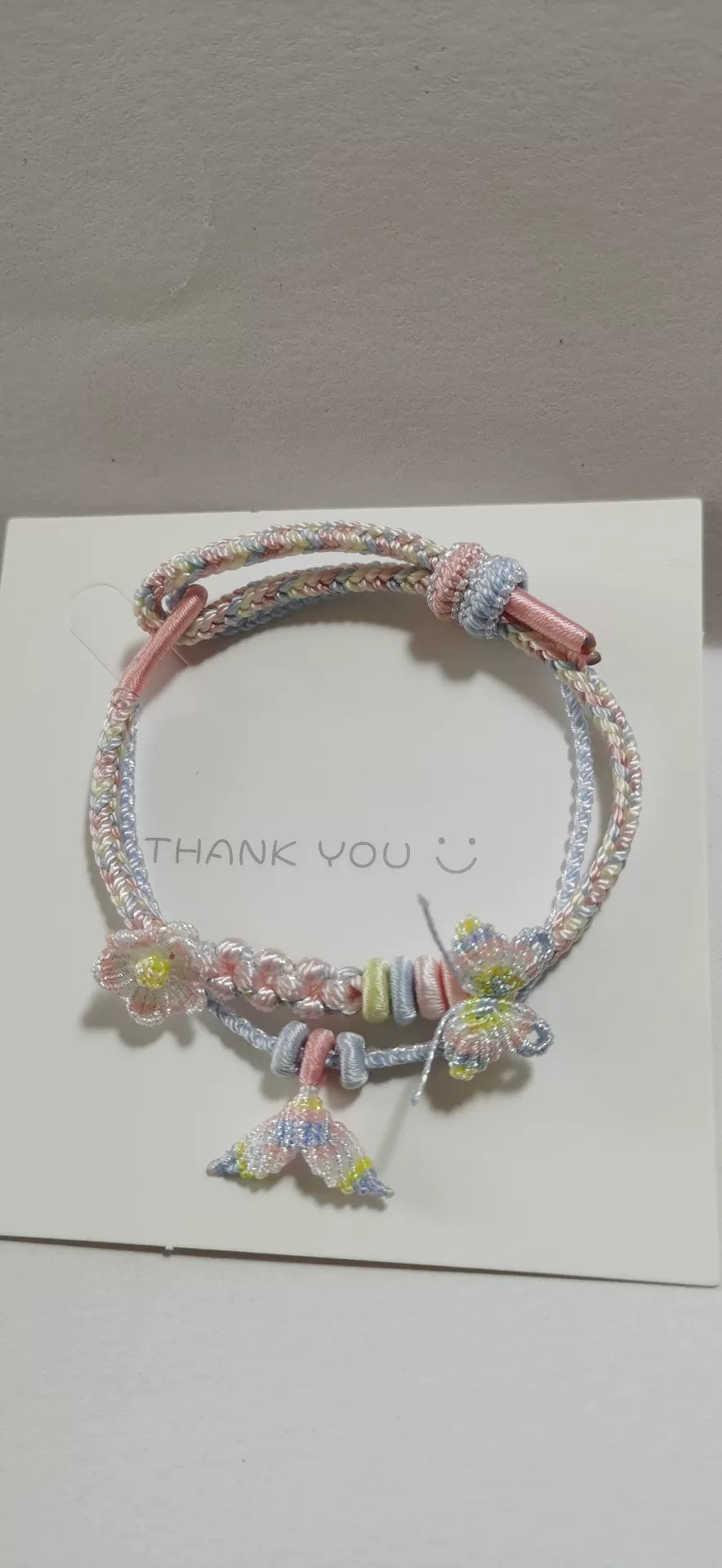 ハンドメイド 編み込みブレスレット ブルー ピンク グラデーション