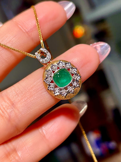 18K Gold Cushion-Cut Emerald and Diamond Pendant with Brushed Finish