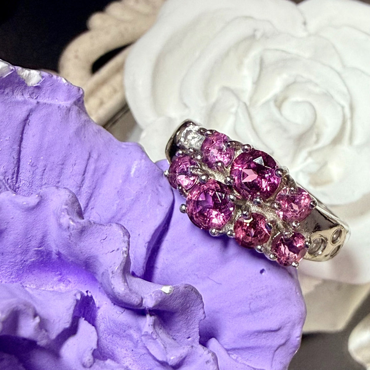 Rhodolite Garnet Cluster 925 Silver Ring