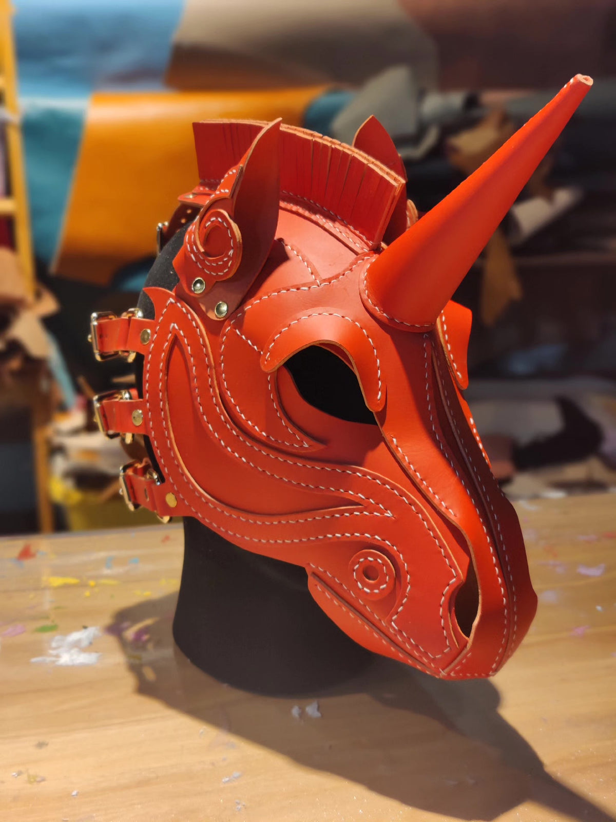 Handcrafted Leather Horse Mask Unicorn Horn