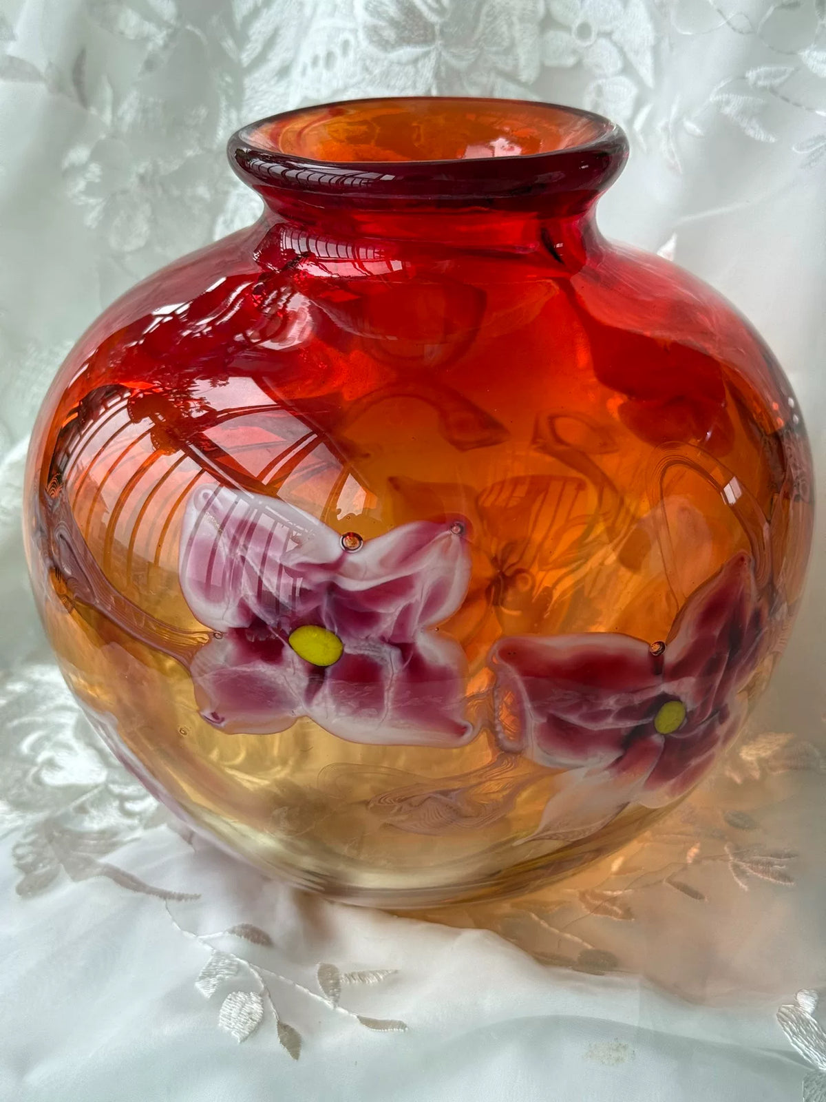 Vintage Glass Vase Set Red Amber Gradient
