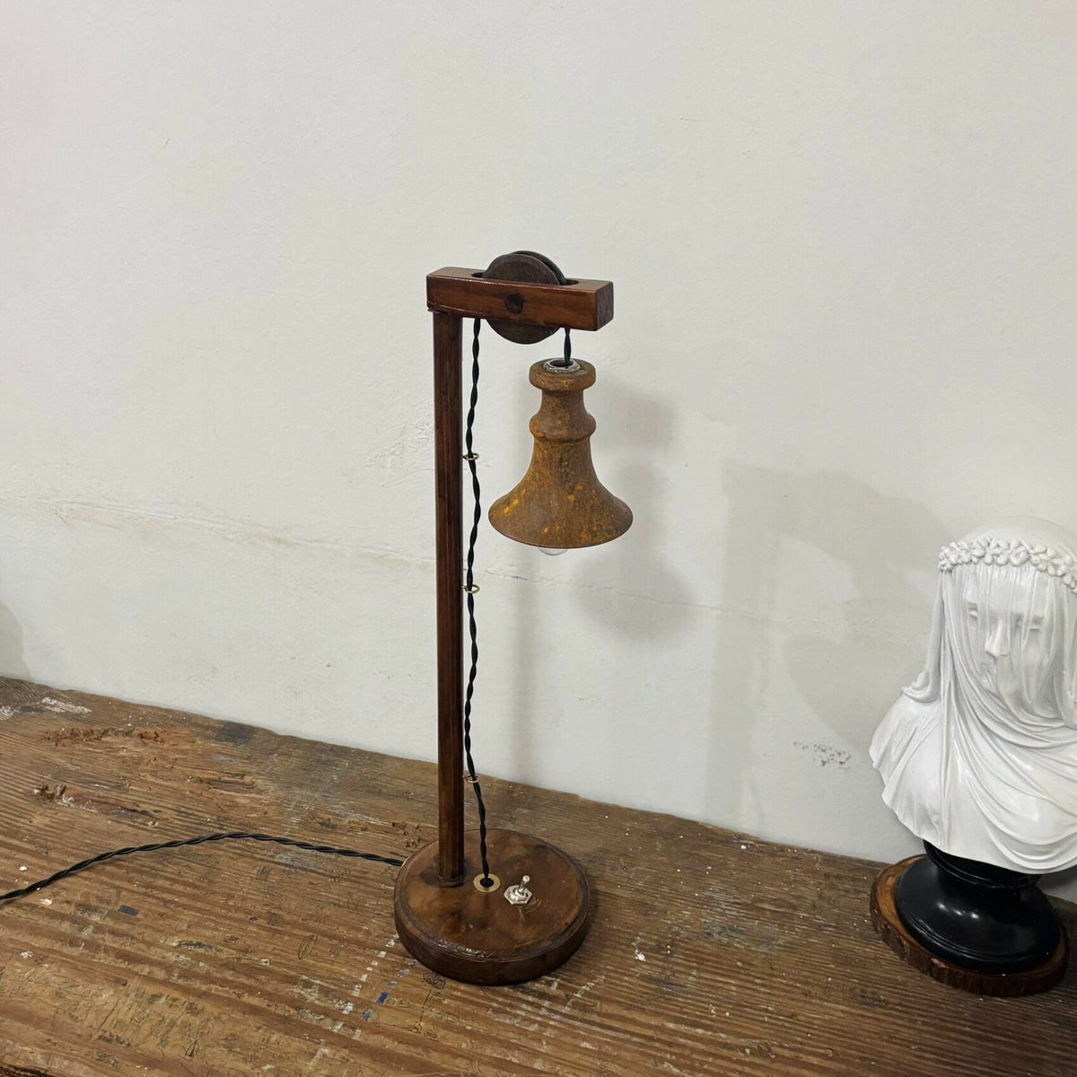 Vintage Solid Wood Table Lamp with Metal Shade