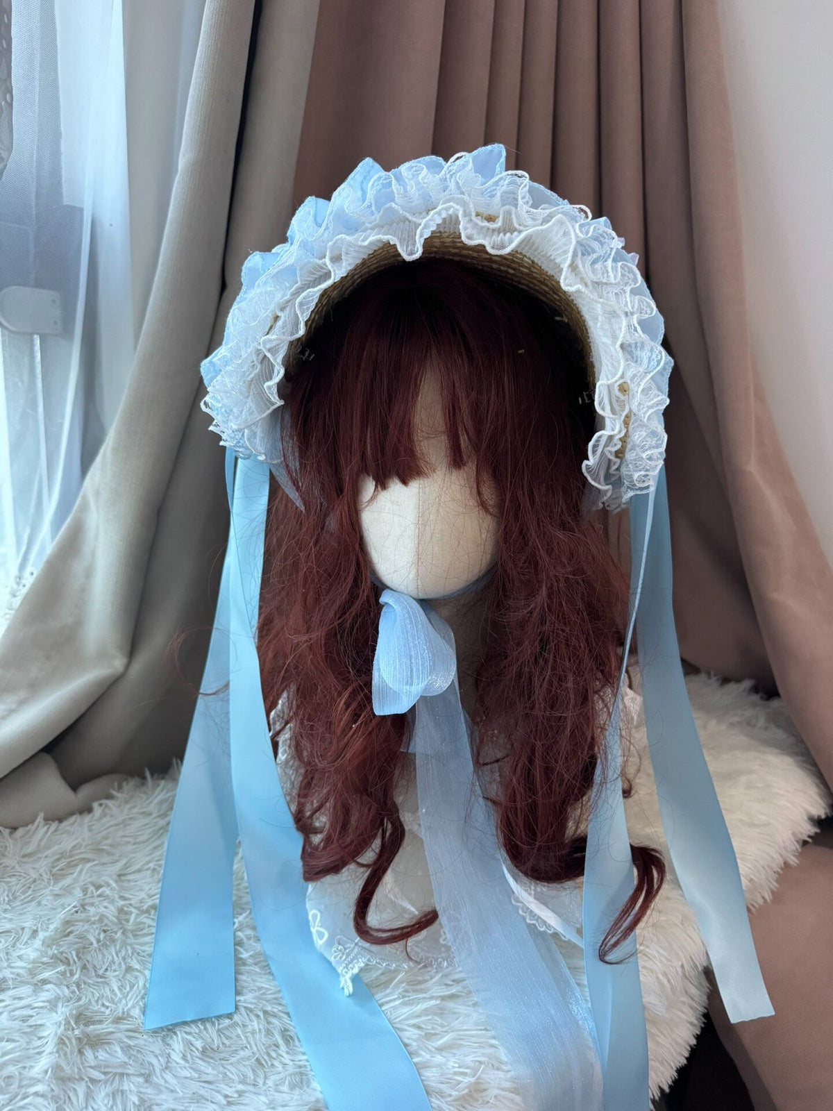 Blue Lace Straw Bonnet Lolita Headpiece
