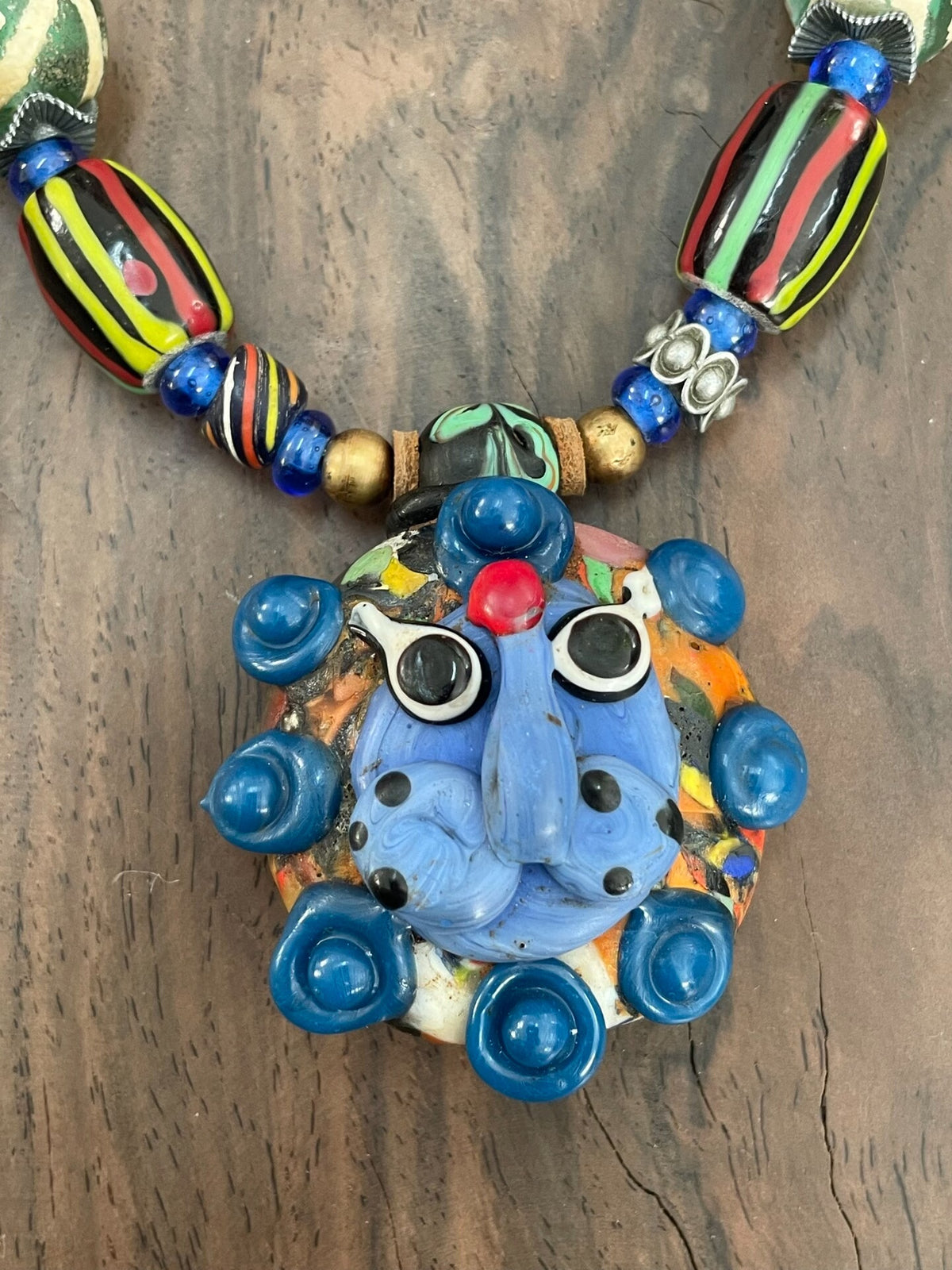 Lion Glass Pendant Necklace Blue Bead Strand