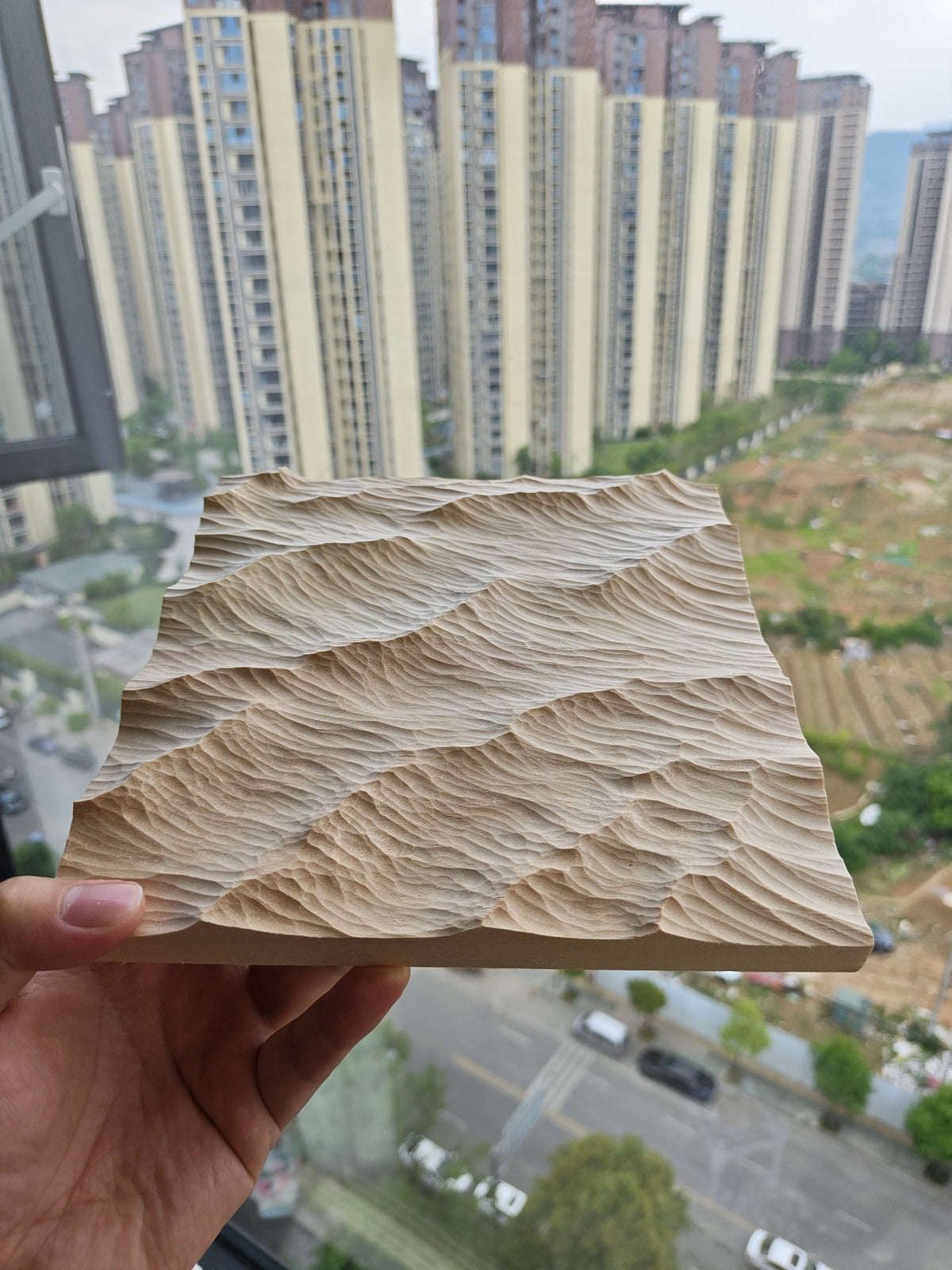 Hand-Carved Linden Wood Wave Relief Sculpture