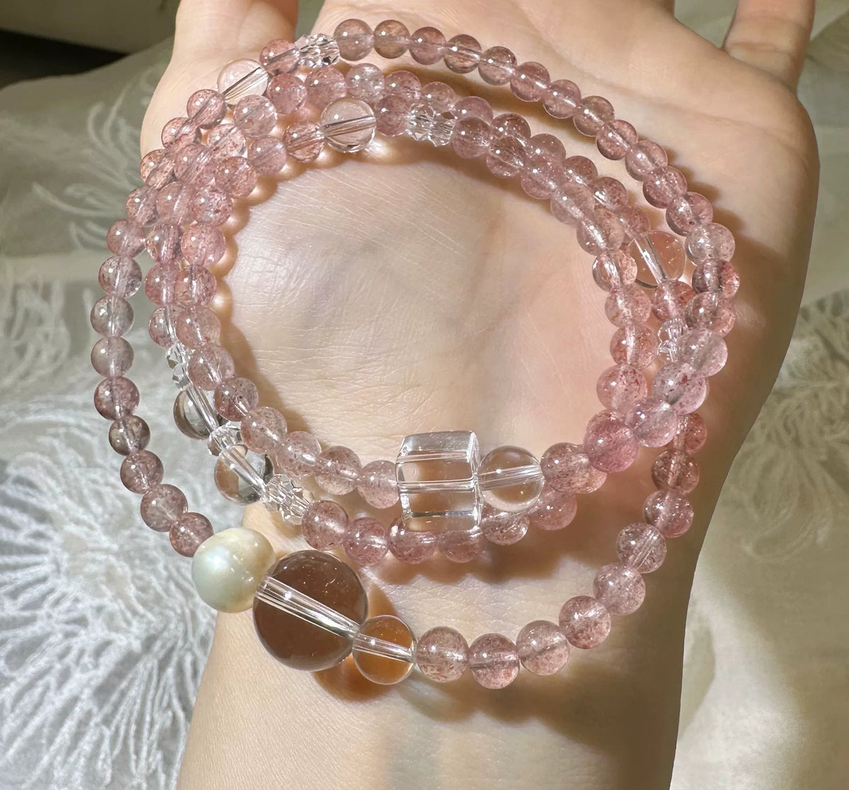 Strawberry Quartz White Crystal Multi Strand Bracelet
