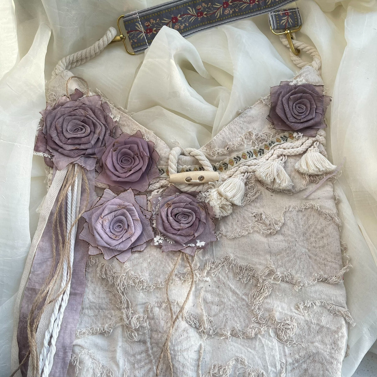 Handwoven Fabric Bag with Purple Roses