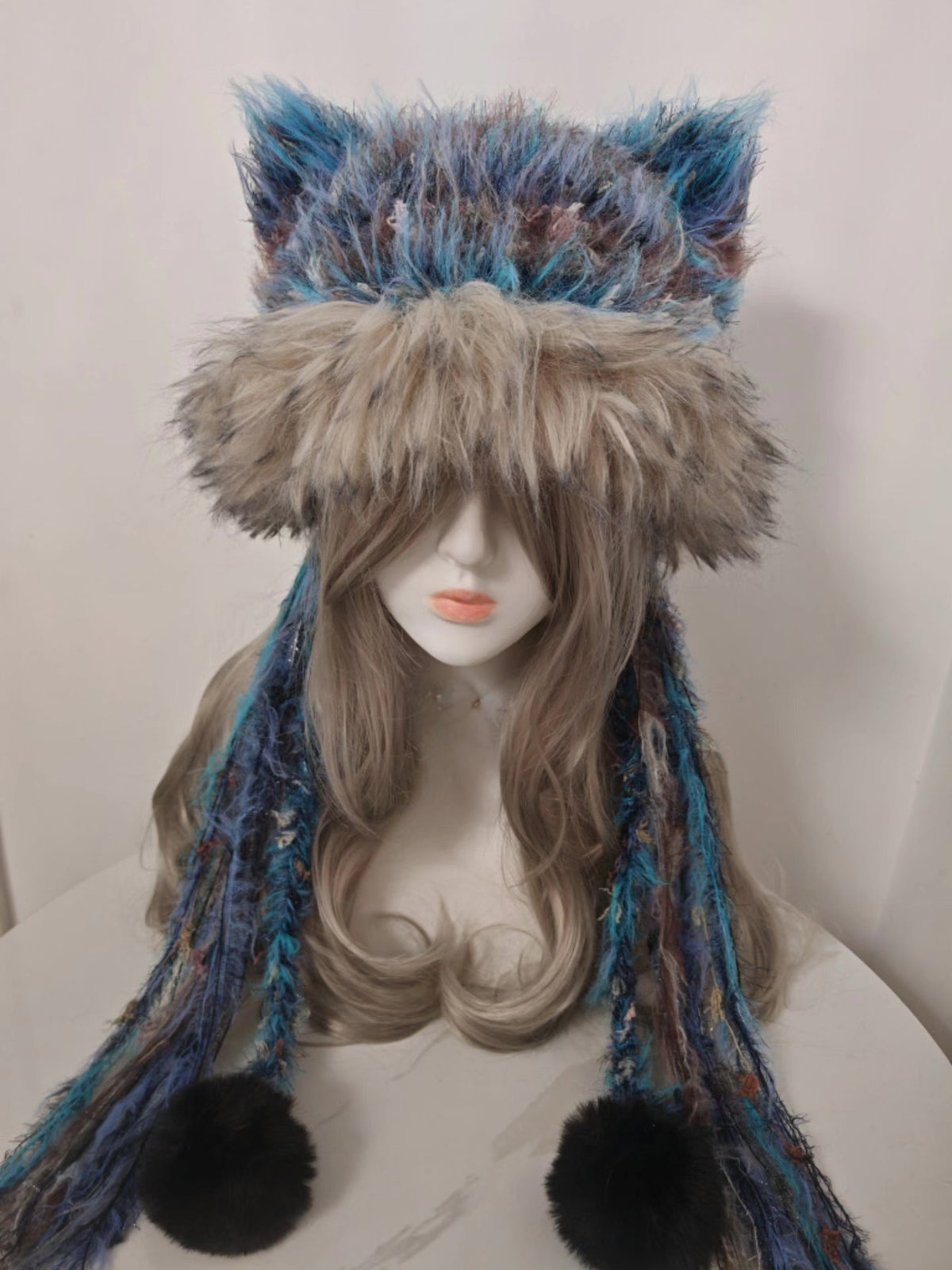 Peacock Blue Cat Ear Hat with Tassels