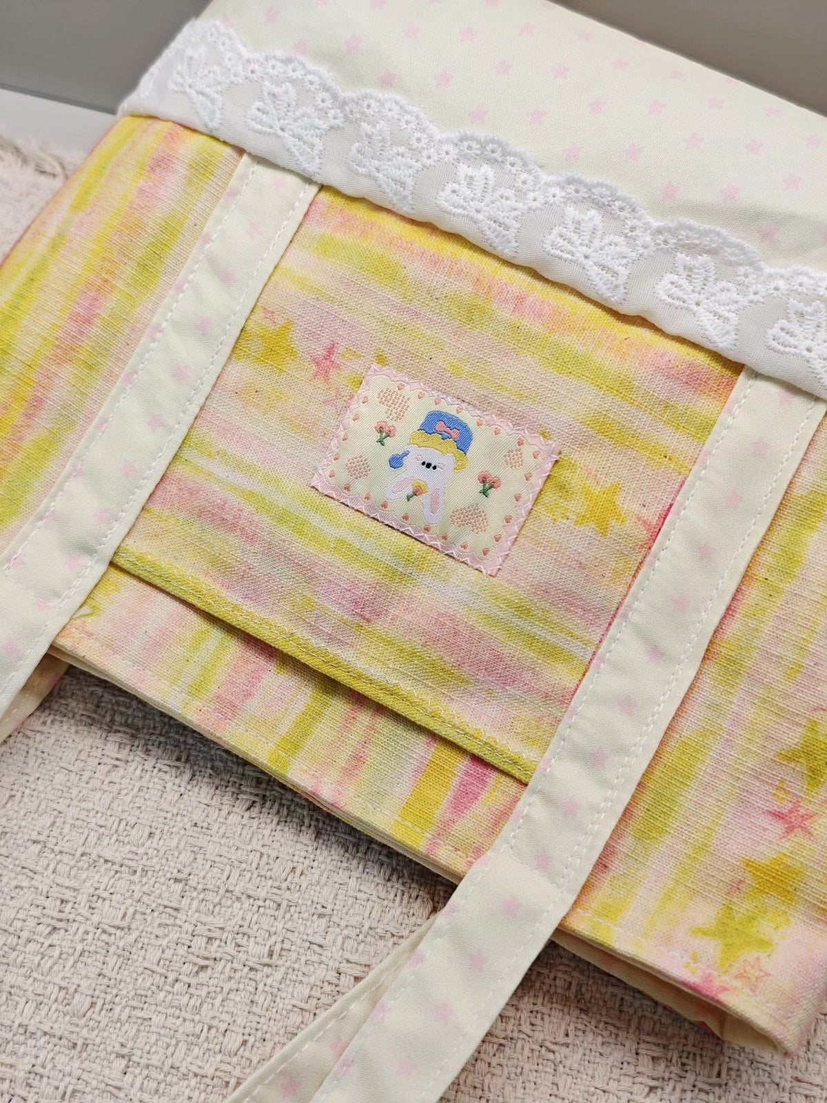 Handwoven Tote Bag Pink Yellow Striped Stars