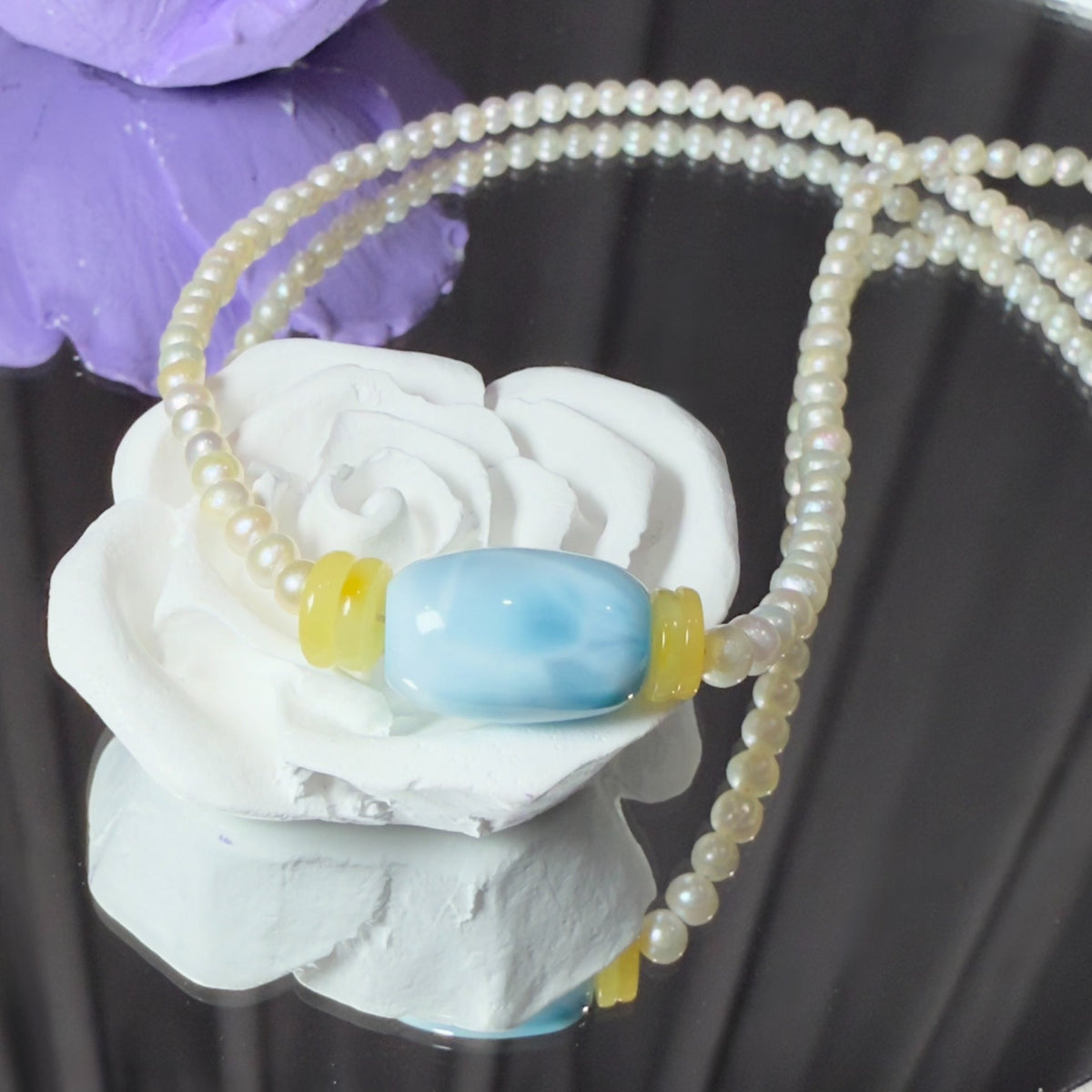 Collar de Larimar, Ámbar y Perlas con Cierre de Plata 925