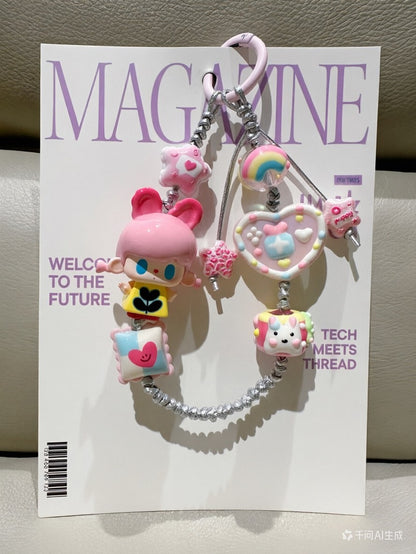 Pink Bunny Bear Braided Phone Strap Bag Charm Keychain