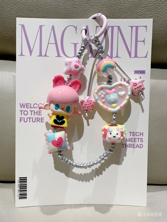 Pink Bunny Bear Braided Phone Strap Bag Charm Keychain