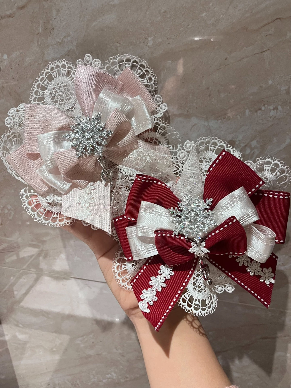Pink Lace Bow Hair Clip Snowflake Rhinestone