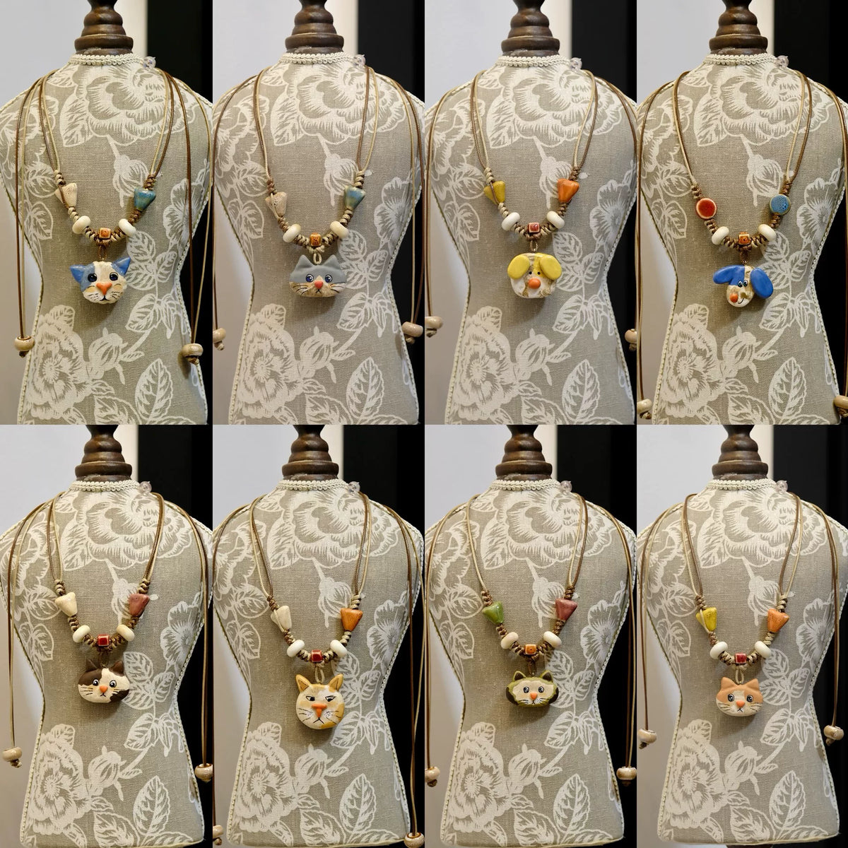 Collier avec pendentif tête de chat bleu en argile