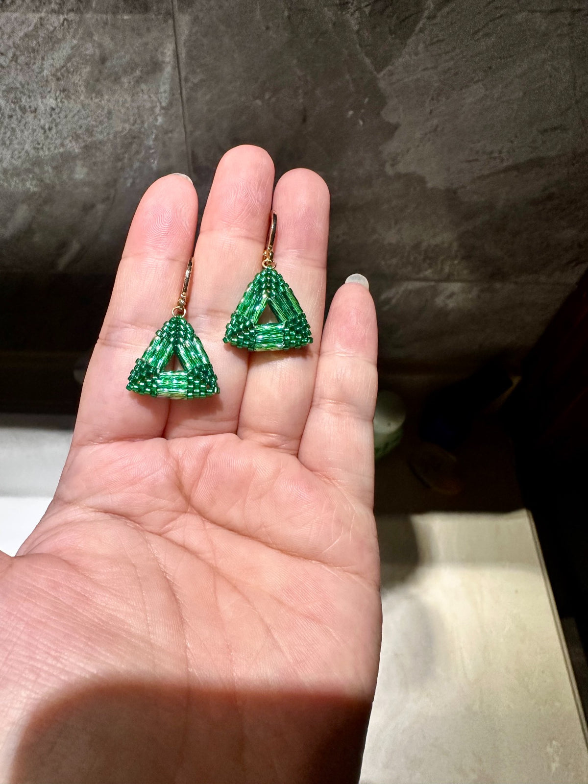 Handcrafted Emerald Green Beaded Triangle Earrings