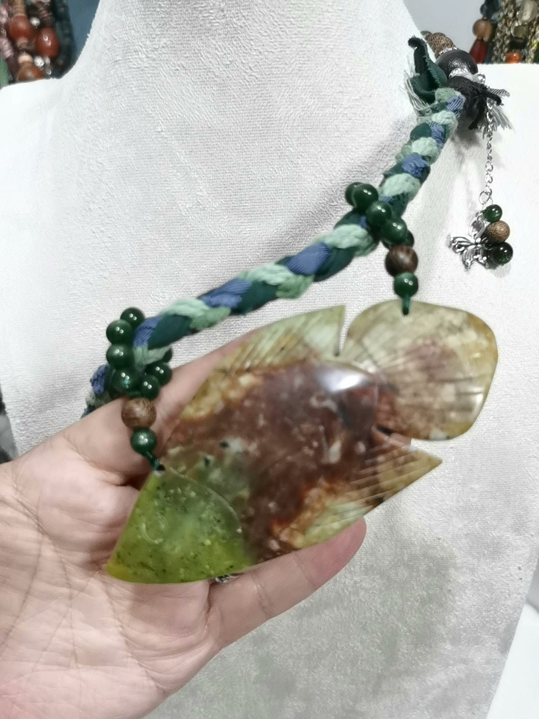 Natural Xiuyan Jade Fish Pendant Necklace