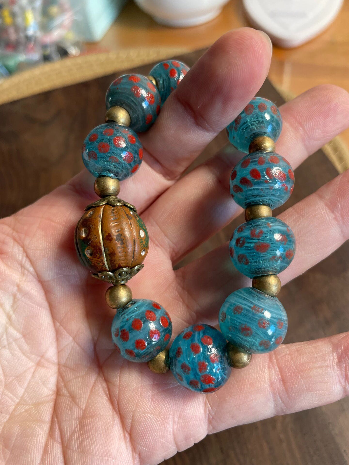 Turquoise Millefiori Glass and African Clay Beaded Bracelet