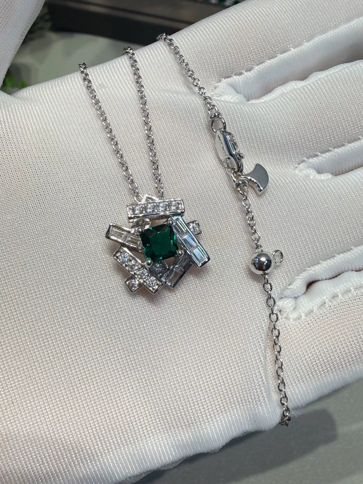 Geometric Green Stone Necklace Rhodium Plated