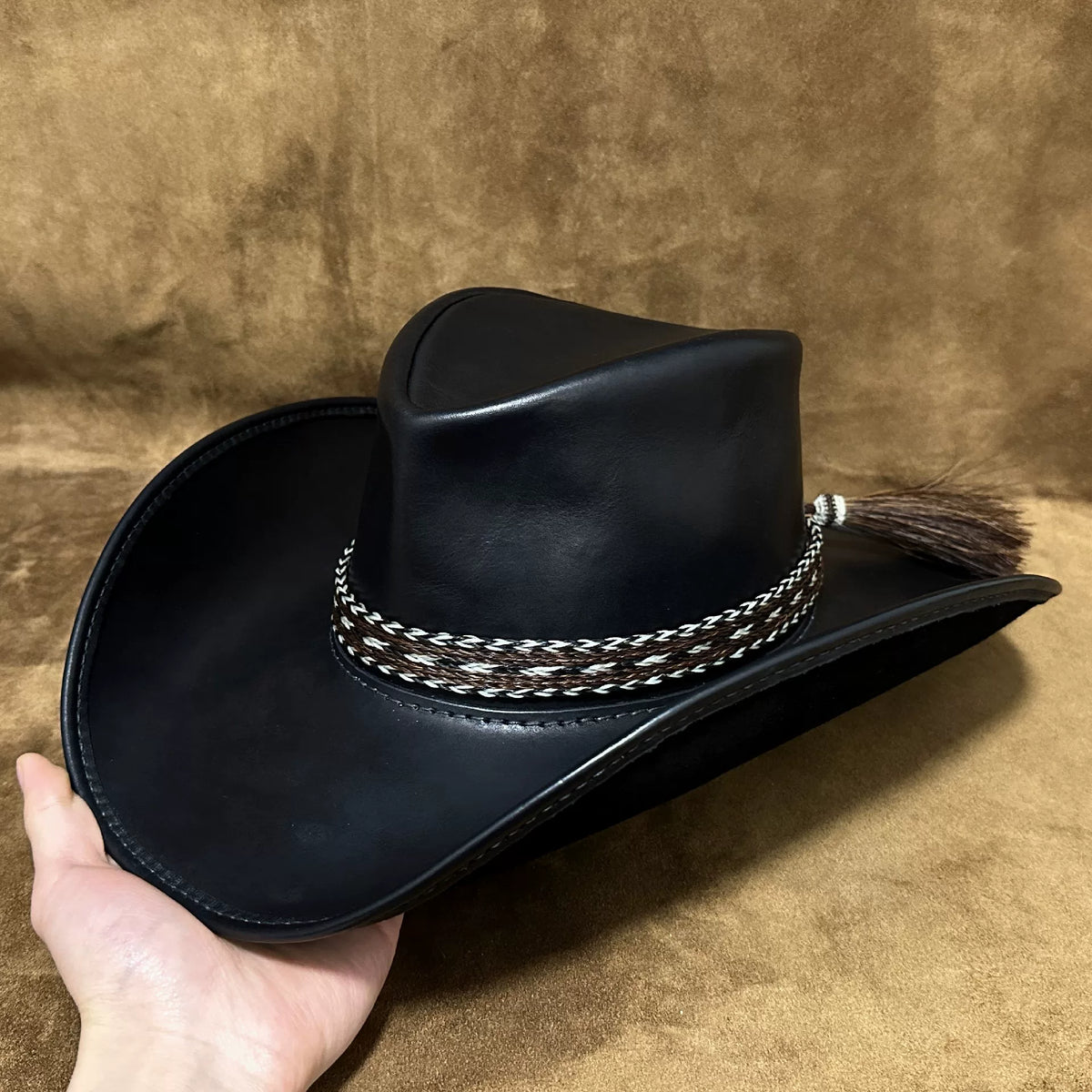 Chapéu de Cowboy Western em Couro Preto Feito à Mão