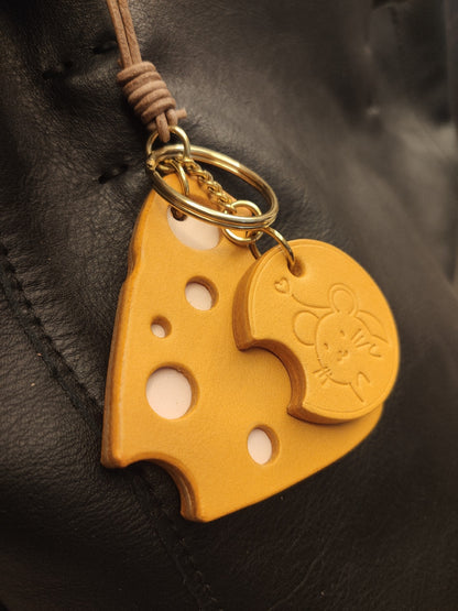 Handmade Leather Cheese and Mouse Bag Charm Keychain
