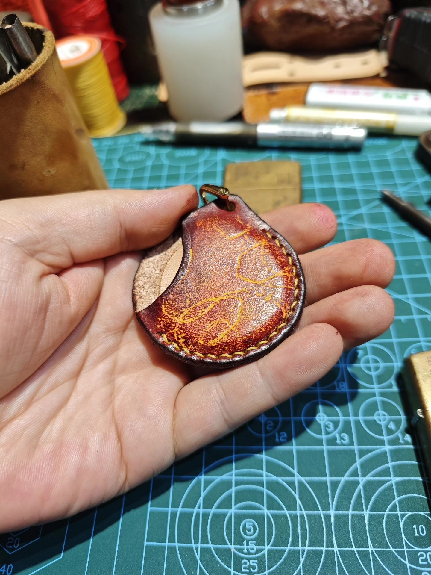 Handcrafted Natural Cowhide Leather Case for Nine Palace Eight Trigrams Talisman with Embossed Design and D-Ring
