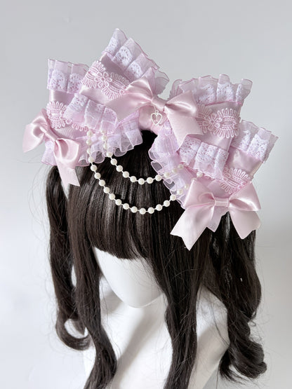 Pink Large Multi-Layer Bow Lolita Headband with Lace and Pearl Charms