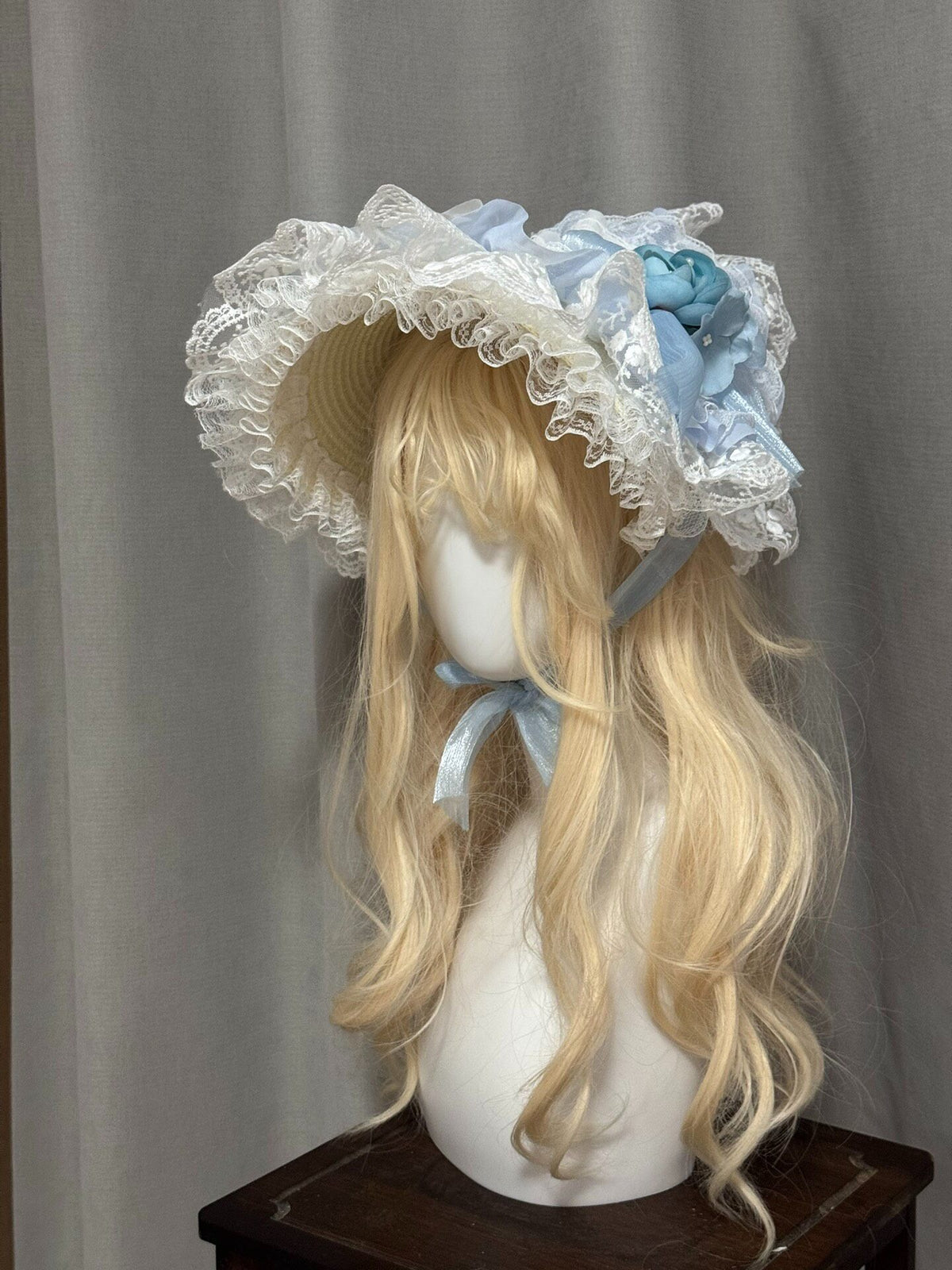 Blue Lolita Bonnet Straw Hat with Lace