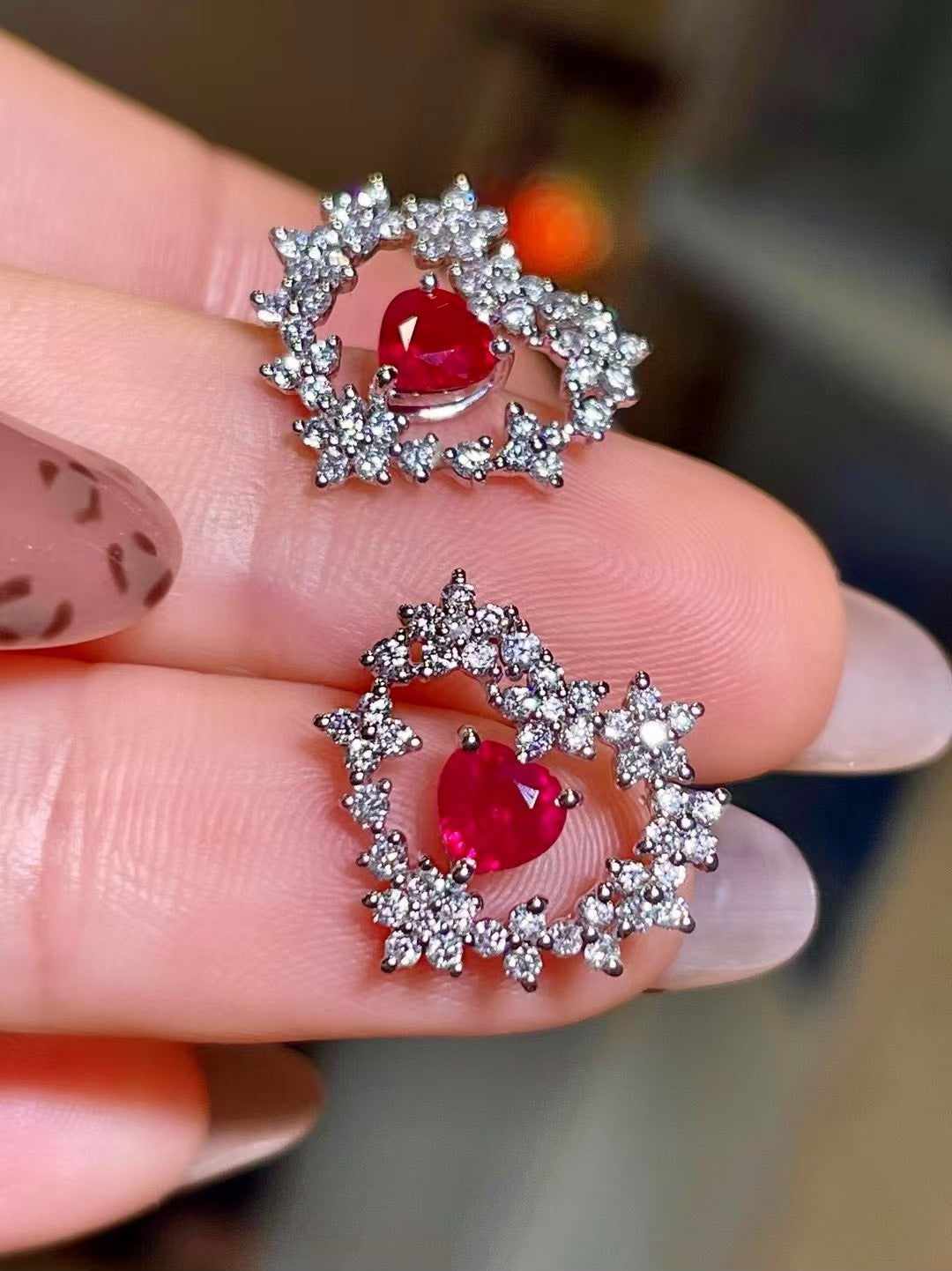 18K Gold Heart-Cut Ruby Stud Earrings, 1.03ct Pigeon Blood, GRC Certified
