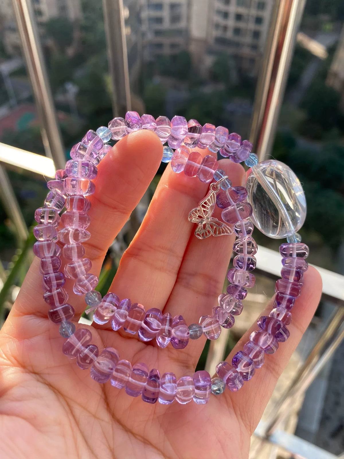 Pulsera de amatista de doble vuelta con cuarzo transparente