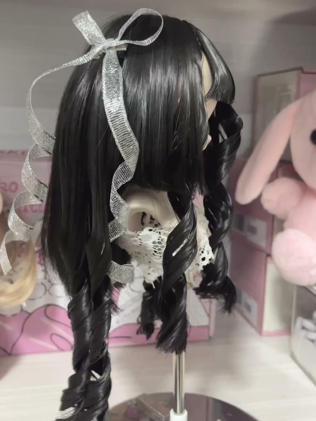 Doll Wig Black Curly Silver Ribbons