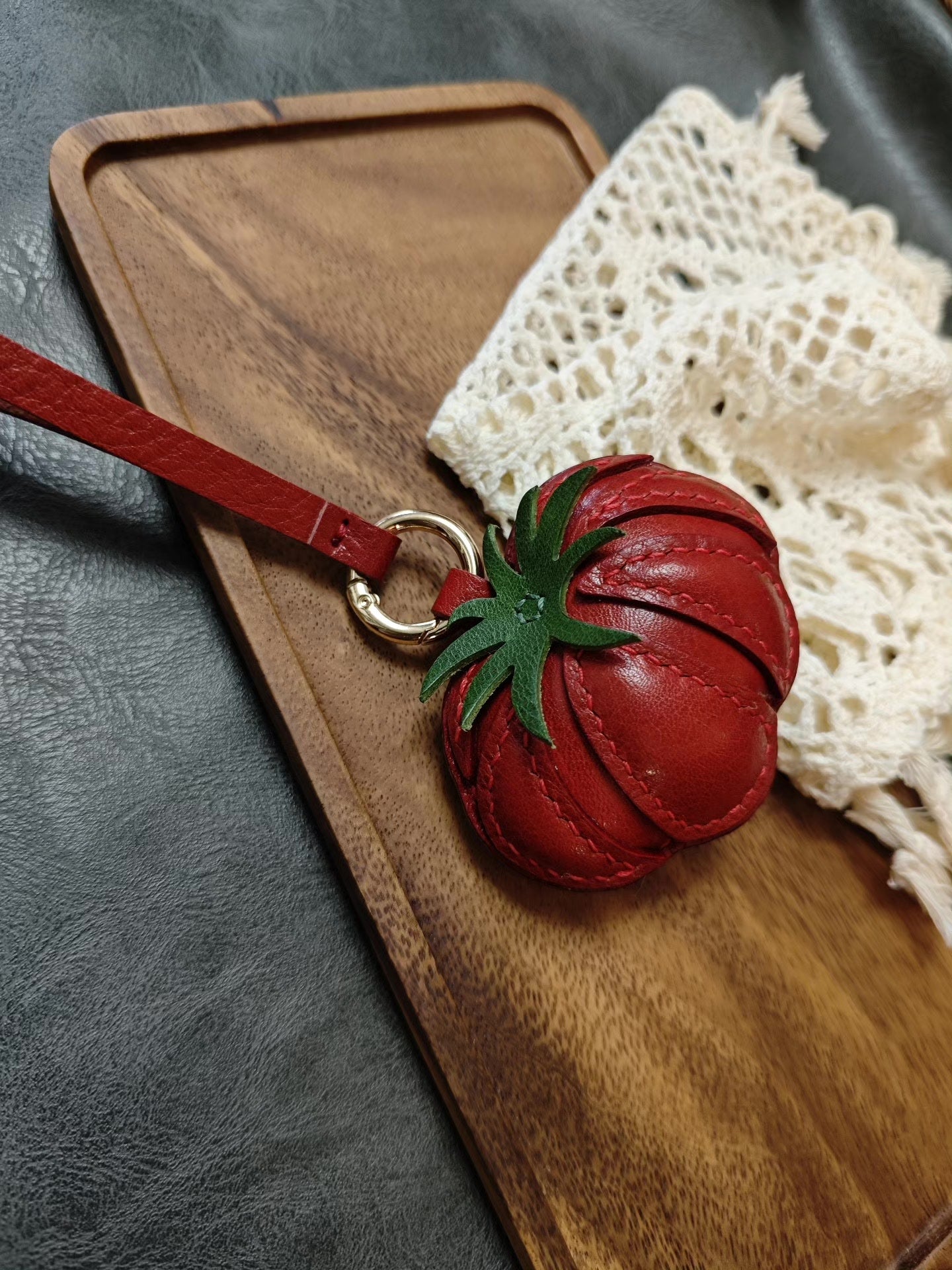 Tomato Leather Keychain with Green Calyx and Gold Ring