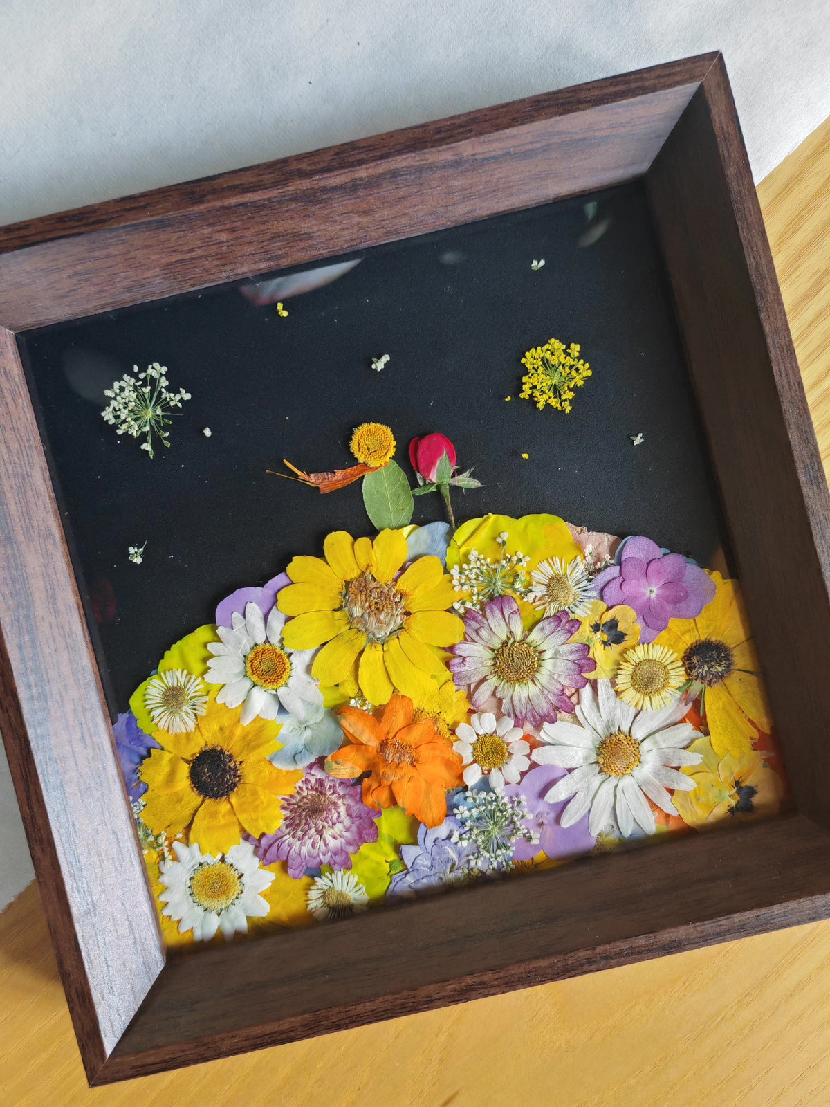Gepresste Blumenkunst im dunklen Holzrahmen