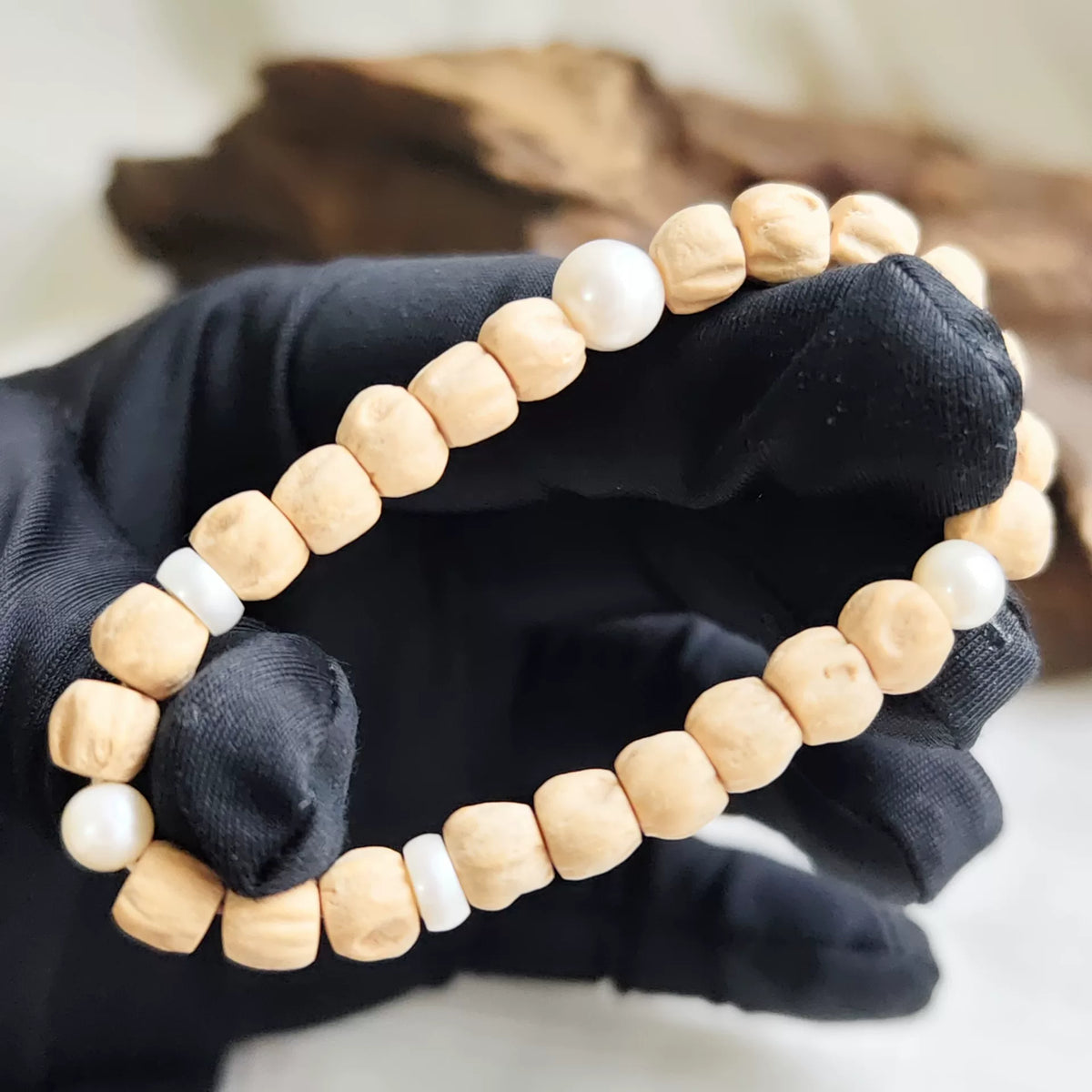 Passion Fruit Seed Bracelet with White Pearls