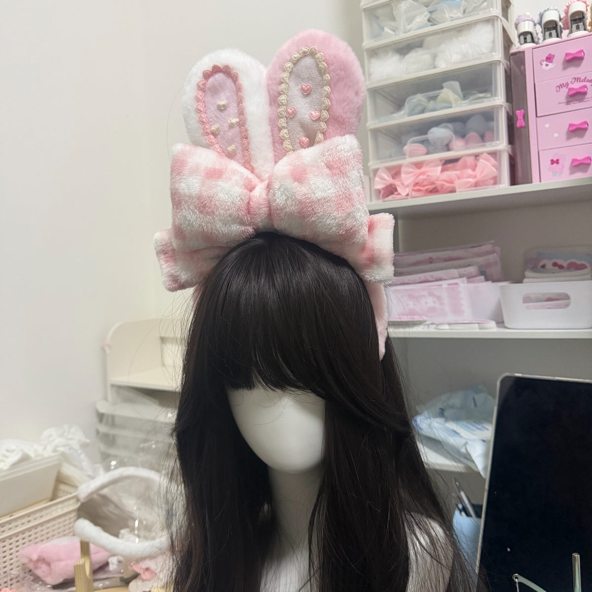 Pink White Plush Bunny Ear Headband