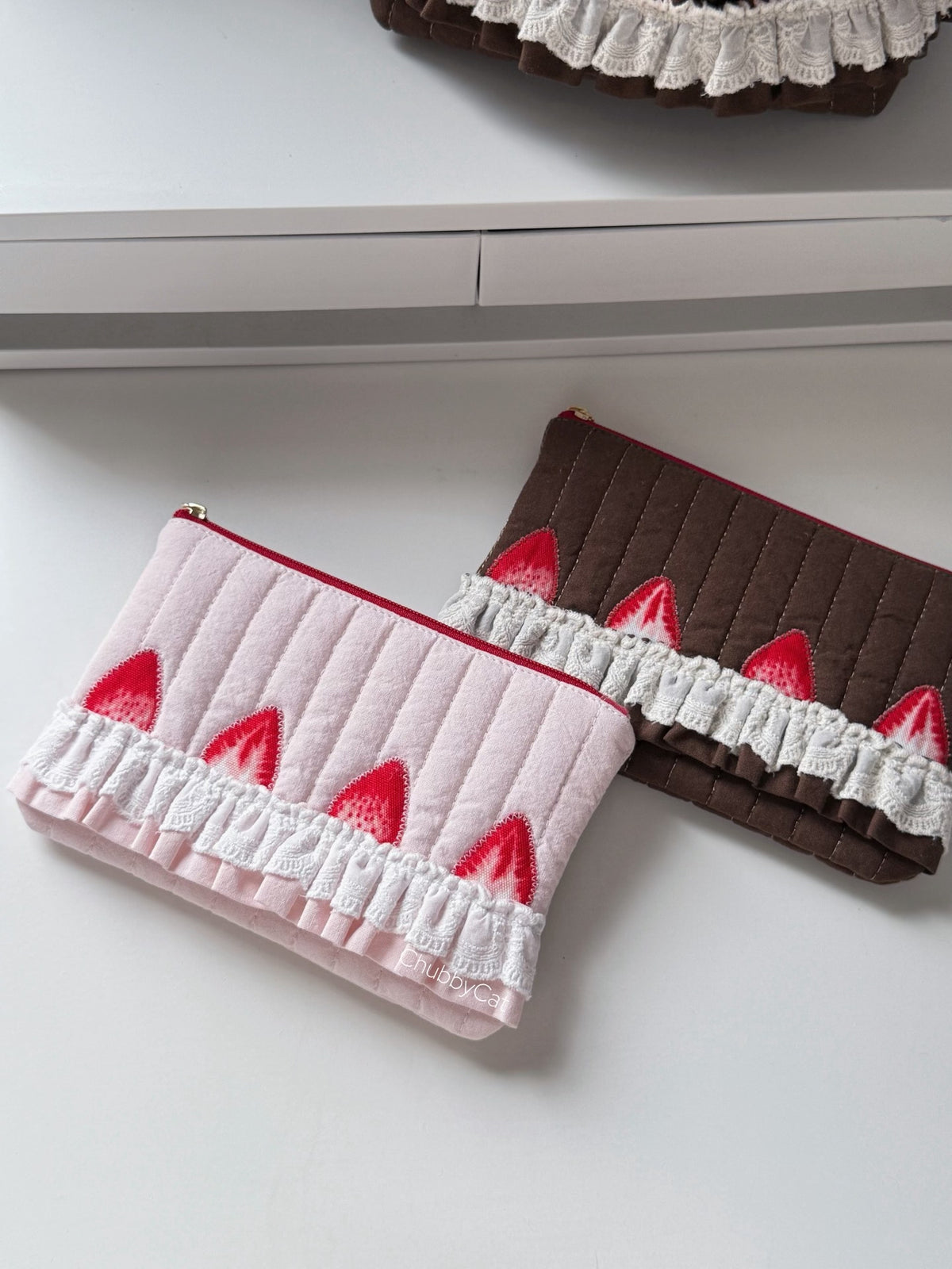 Quilted Strawberry Flat Pouch