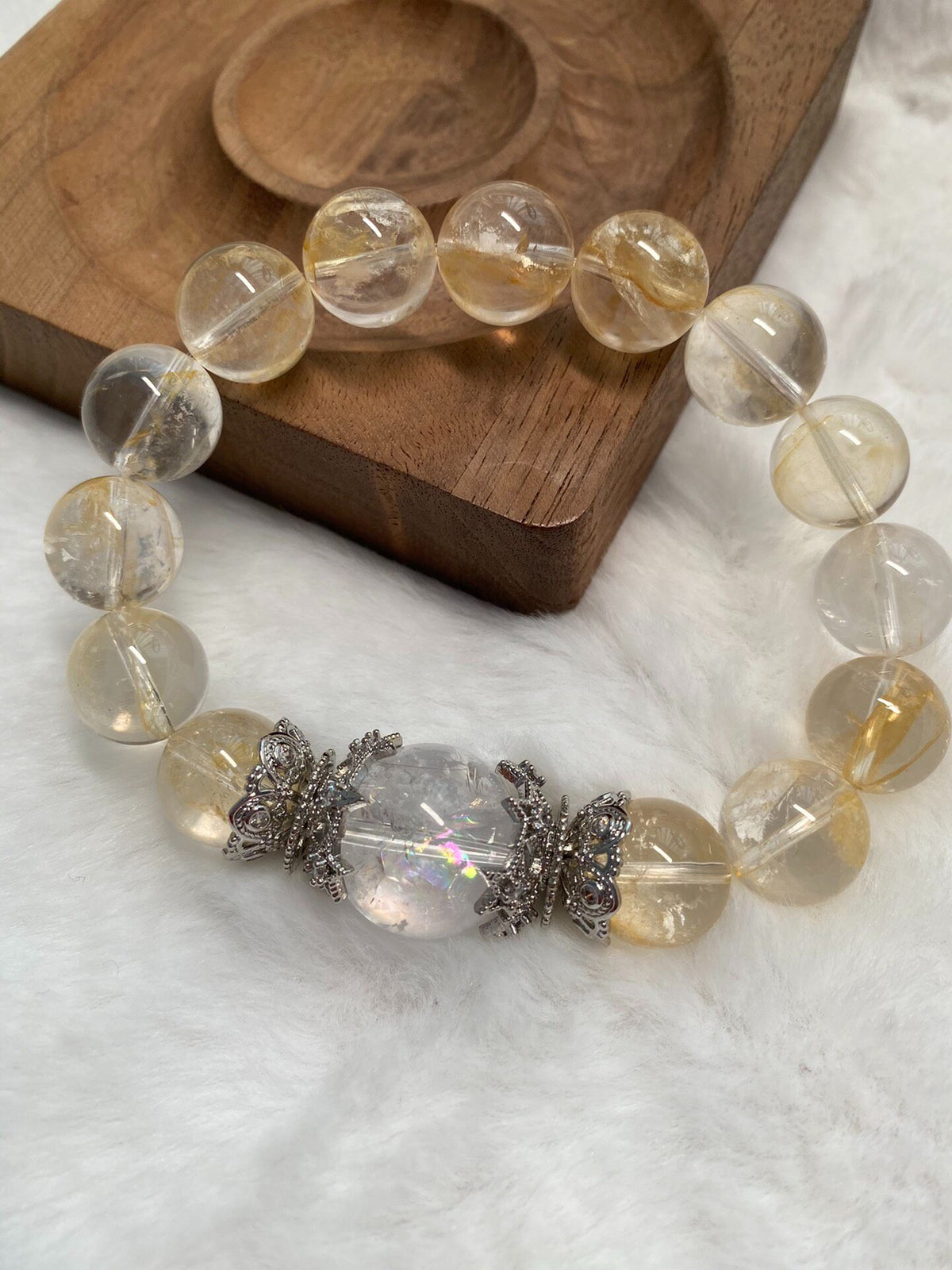 Crystal Quartz Beaded Bracelet with Rainbow Center