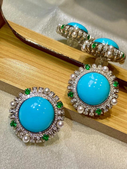 Victorian Turquoise, Emerald, Pearl, and Diamond Stud Earrings, 18K Gold, 28.8mm
