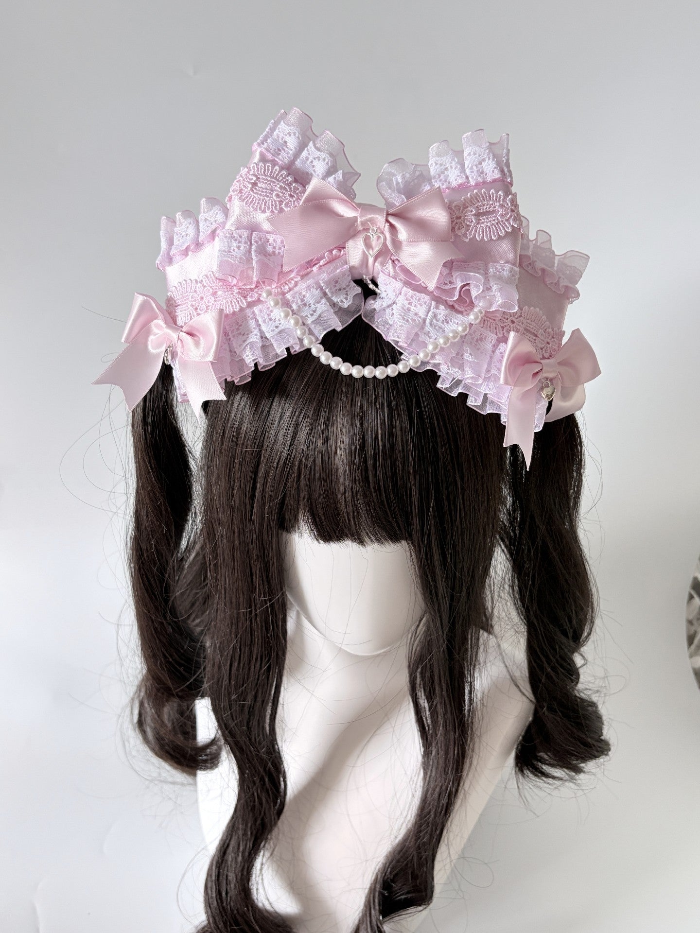 Pink Large Multi-Layer Bow Lolita Headband with Lace and Pearl Charms