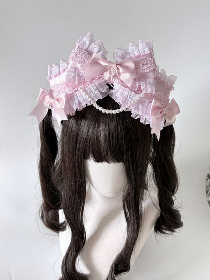 Pink Large Multi-Layer Bow Lolita Headband with Lace and Pearl Charms