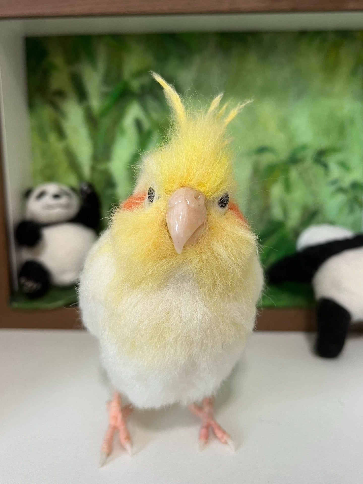 Needle-Felted Cockatiel with White Body, Yellow Crest, and Orange Cheek Patch