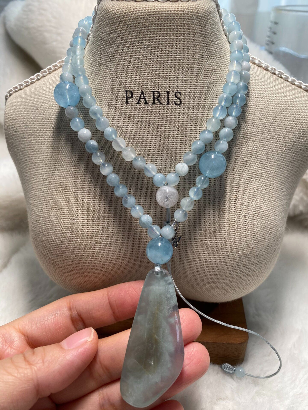 Natural Aquamarine Beaded Sweater Chain Necklace