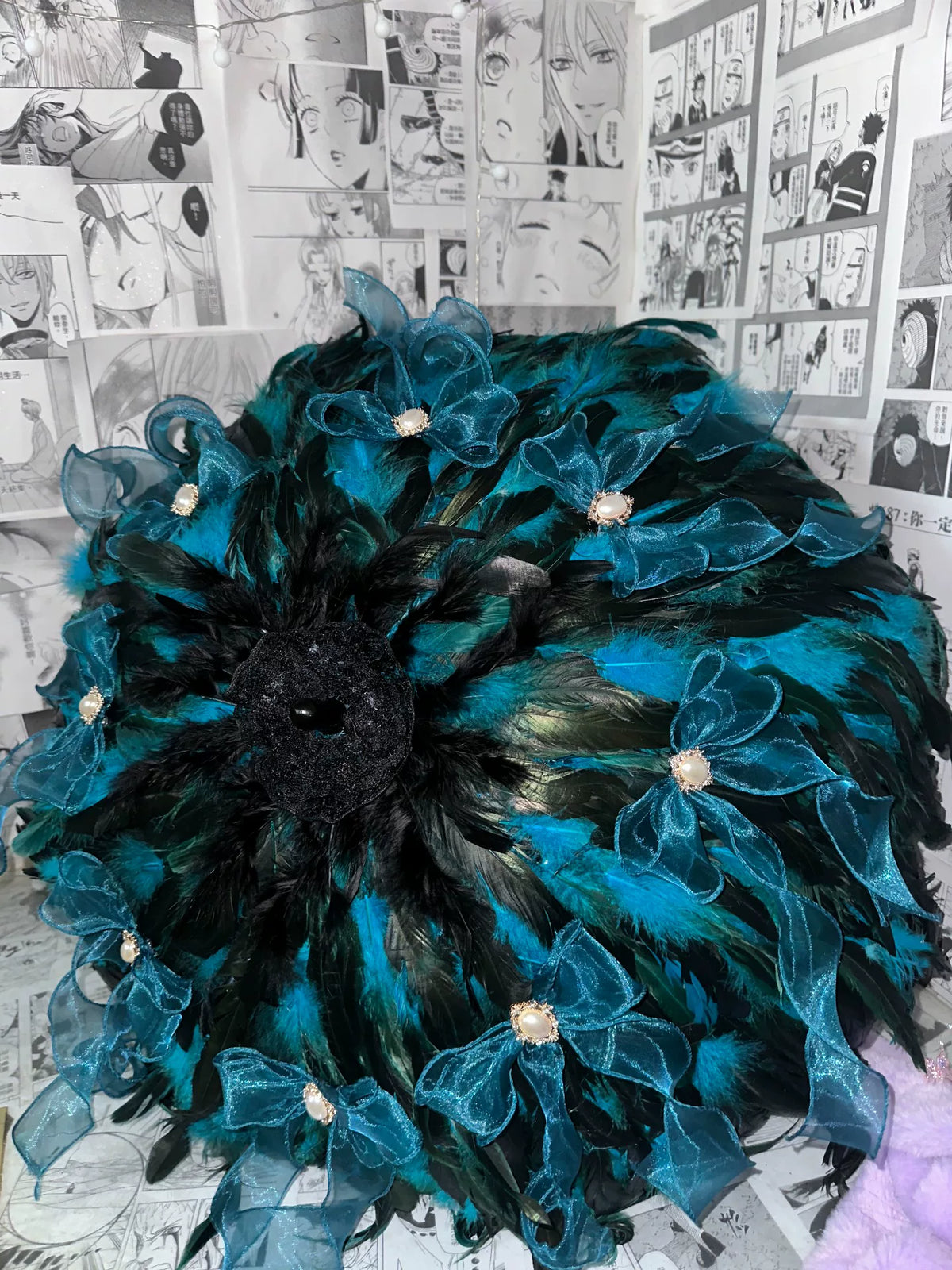 Lolita-parasol met teal veren