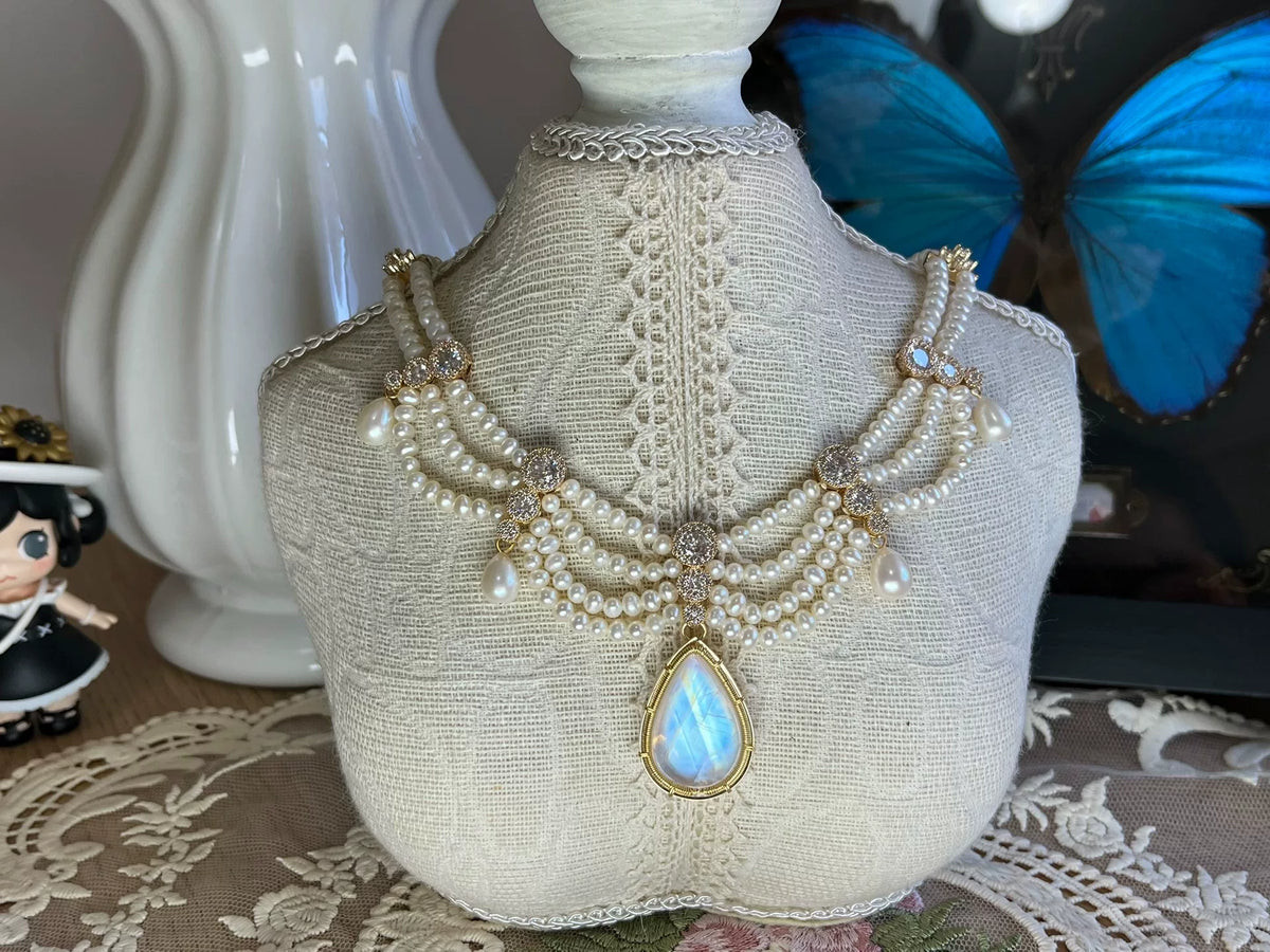 Multi Layer Natural Pearl Moonstone Necklace