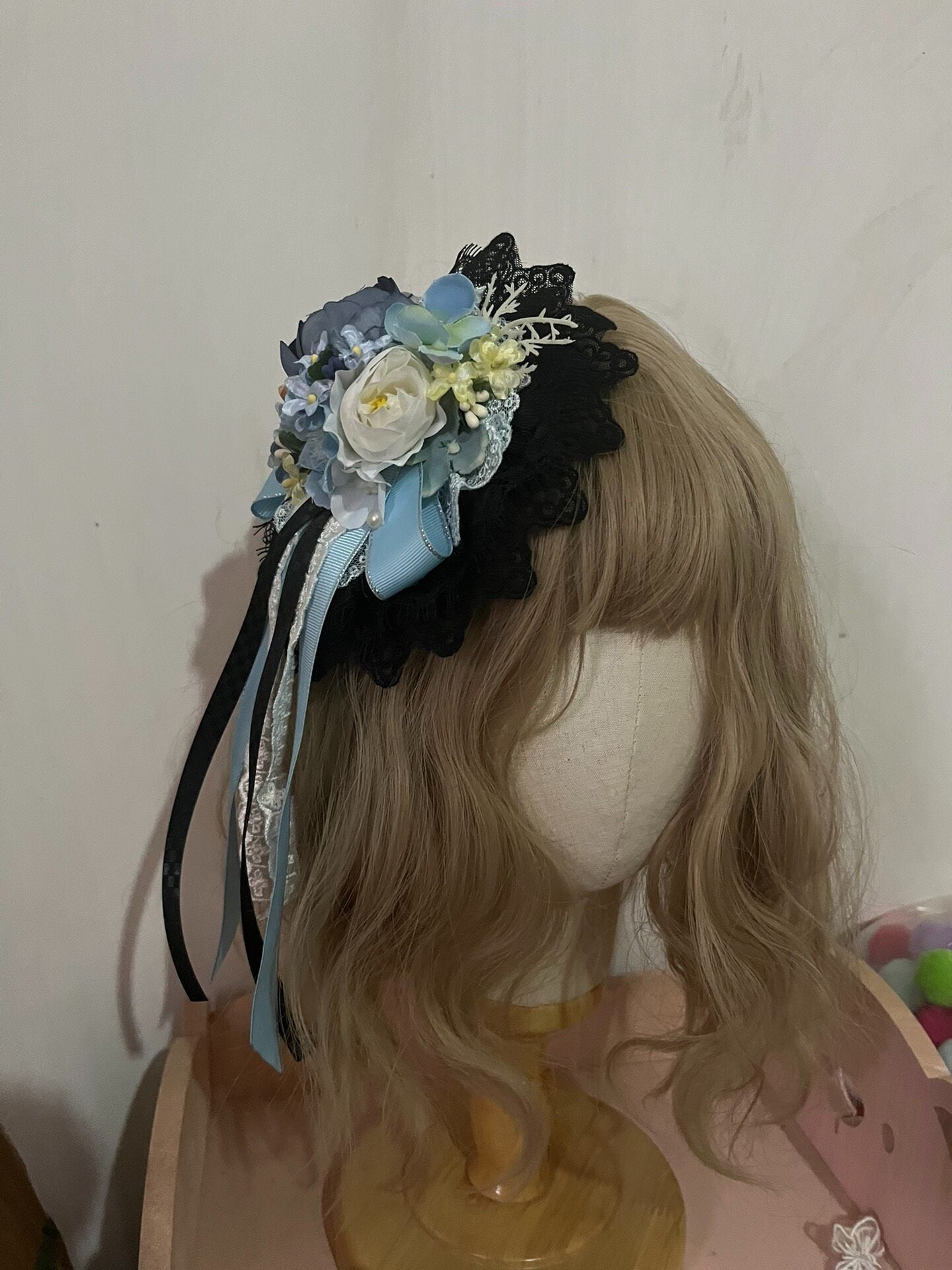 Handmade Lolita Blue-Black Flower Clip Brooch Two-Way Accessory