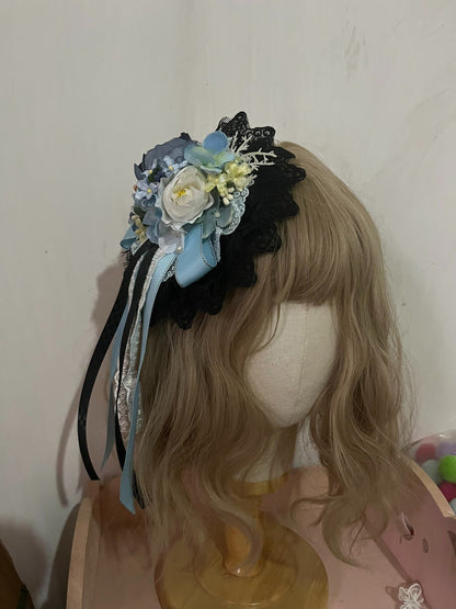 Handmade Lolita Blue-Black Flower Clip Brooch Two-Way Accessory