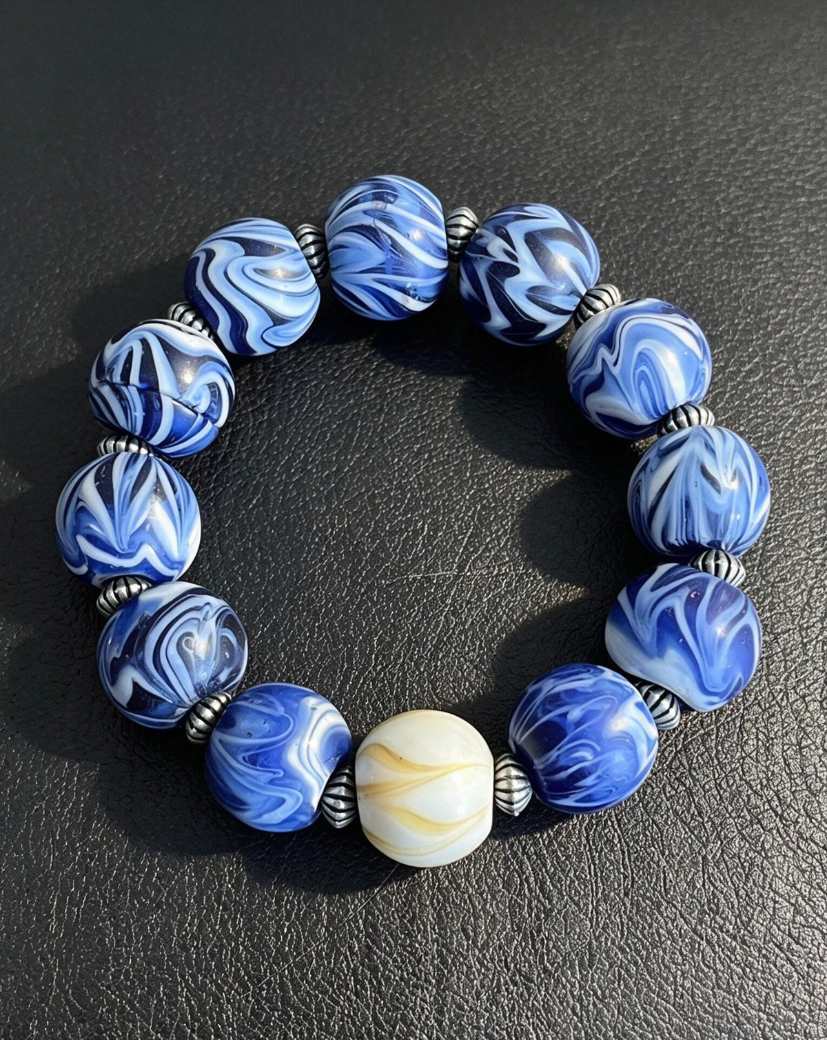 Blue Marbled Glass Bead Bracelet