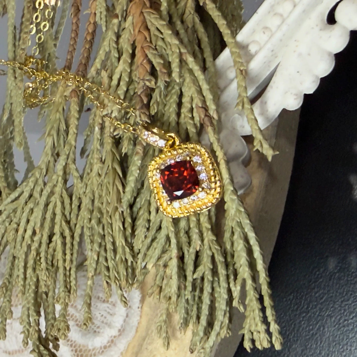 Red Garnet Square Pendant Necklace Gold Plated Silver