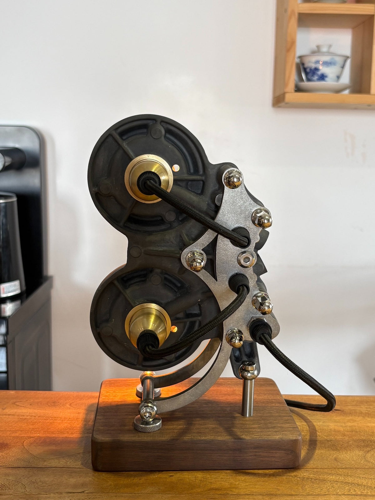 Steampunk Dual-Lens Mechanical Table Lamp with Wooden Base