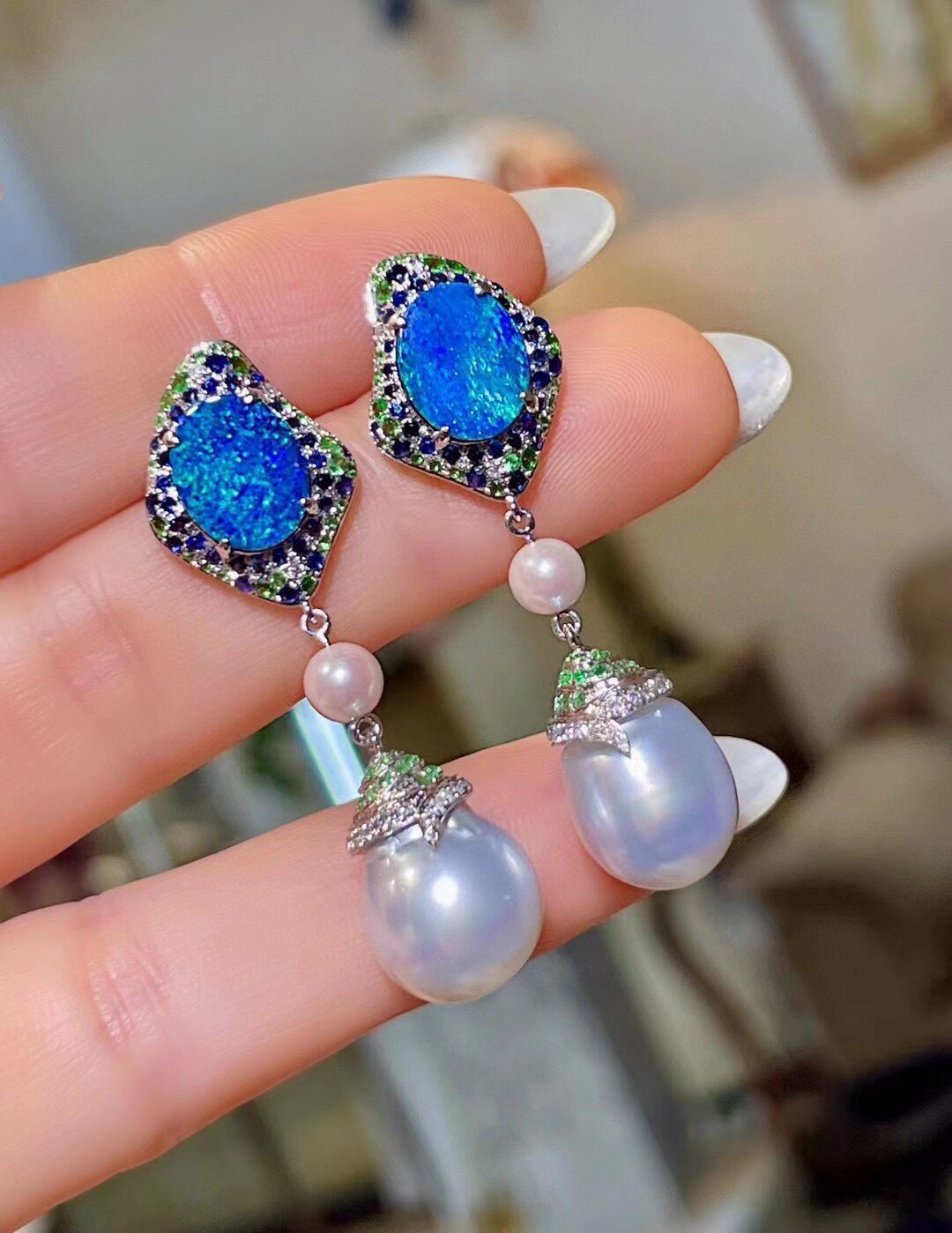 18k Gold Baroque Pearl and Opal Dangle Earrings with Sapphire, Tsavorite, and Diamond Accents
