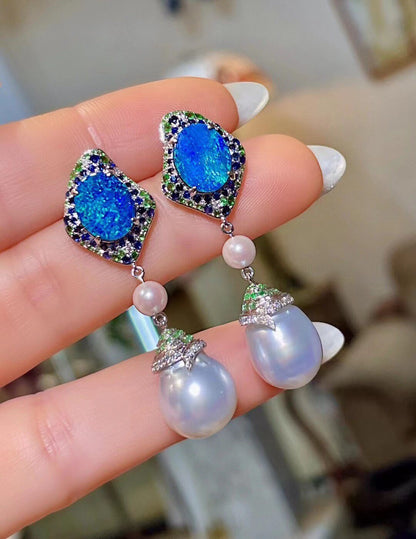 18k Gold Baroque Pearl and Opal Dangle Earrings with Sapphire, Tsavorite, and Diamond Accents